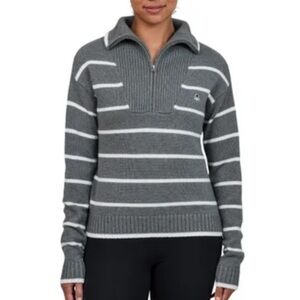 United Colors Of Benetton Women's medium 1/4 Quarter Zip Sweater Grey & White